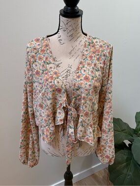 Sadie & Sage Floral Tie Front Peplum Blouse XL Cottagecore Boho Top